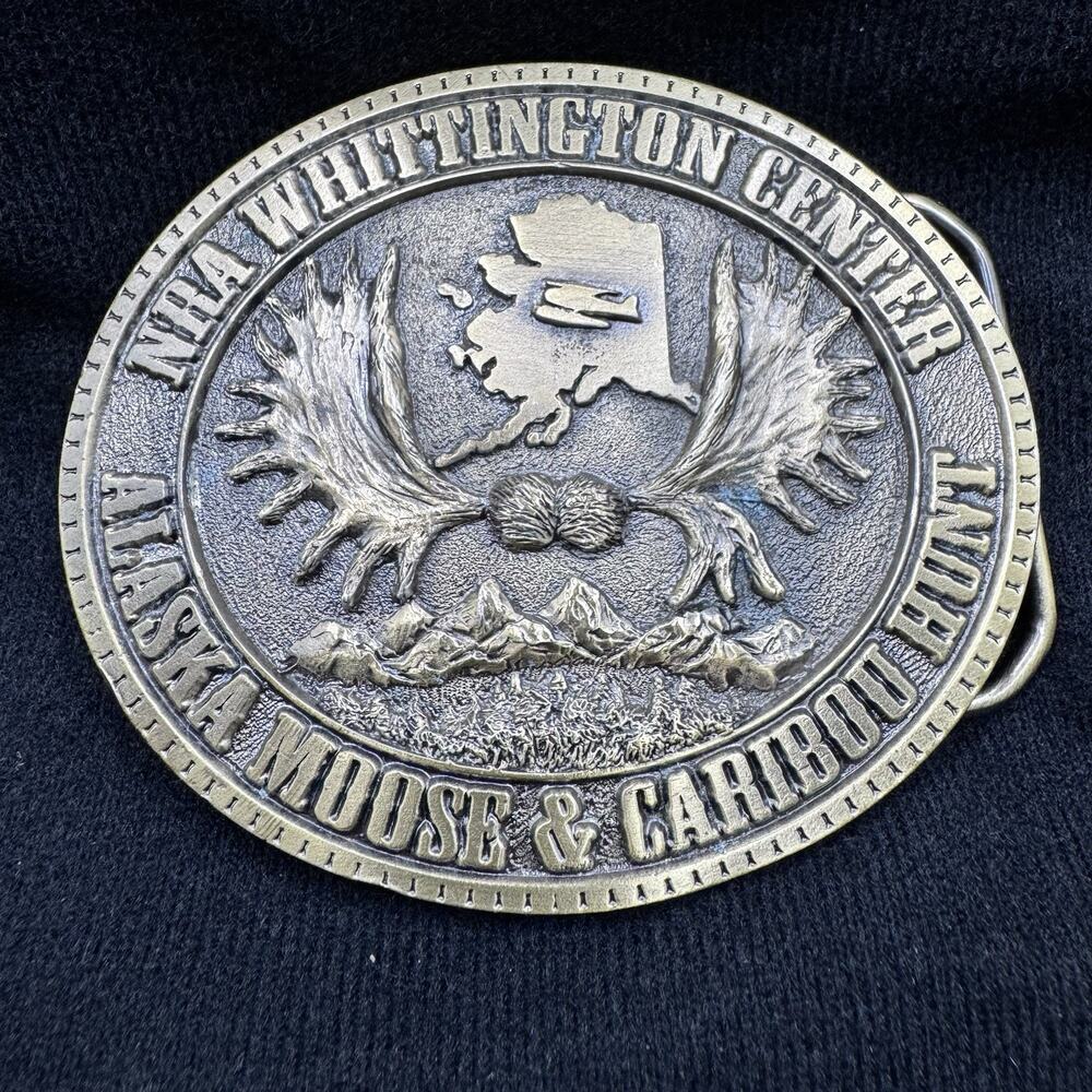 Vtg Alaska Moose & Caribou Hunt NRA National Rifle Whittington Belt Buckle